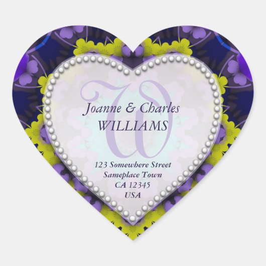 Paarse gele unieke monogram bruiloft stickers (Voorkant)