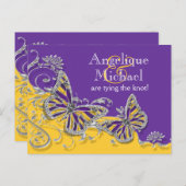 Paarse gele vlinder bruiloft verloving aankondigingskaart (Voorkant / Achterkant)