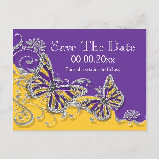 Paarse gele vlinder bruiloft verloving aankondigingskaart (Achterkant)