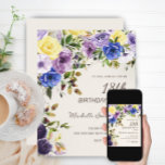 Paarse Gele Waterverf Floral 18e verjaardag Kaart<br><div class="desc">paarse en gele waterverf botanische waterverf 18e verjaardag uitnodiging voor vrouwen. De tekst is een elegante doopvont van de calligrafieborstel en op de rechterkant van de kaart gericht. Deze uitnodiging van het verjaardagsfeest is perfect voor je lente- of zomerfeest. Neem contact met mij op voor hulp bij aanpassingen of om...</div>