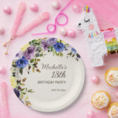 Paarse Gele Waterverf Floral 18e verjaardag Papieren Bordje (Feest)