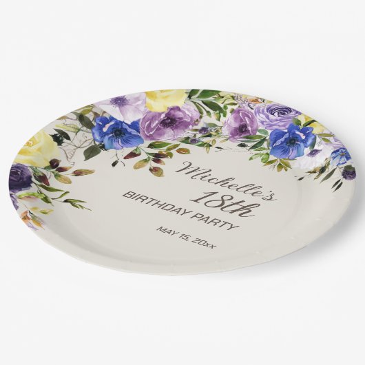 Paarse Gele Waterverf Floral 18e verjaardag Papieren Bordje (Gekanteld)