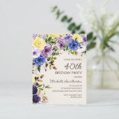 Paarse Gele Waterverf Floral 40e verjaardag Kaart (Staand voorkant)