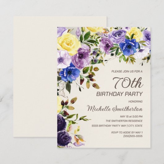 Paarse Gele Waterverf Floral 70e verjaardag Kaart (Voorkant / Achterkant)