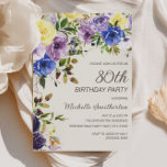 Paarse Gele Waterverf Floral 80e verjaardag Kaart<br><div class="desc">paarse en gele waterverf botanische waterverf 80e verjaardag uitnodiging voor vrouwen. De tekst is een elegante doopvont van de calligrafieborstel en op de rechterkant van de kaart gericht. Deze uitnodiging van het verjaardagsfeest is perfect voor je lente- of zomerfeest. Neem contact met mij op voor hulp bij aanpassingen of om...</div>