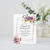 Paarse gele Waterverf Floral Geometric Sweet 16 Kaart (Staand voorkant)