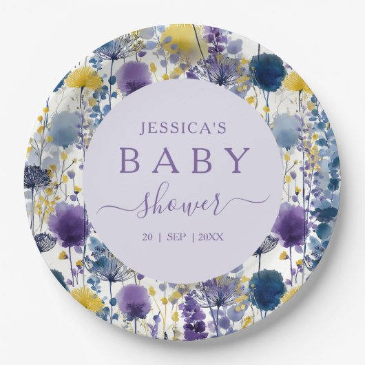 Paarse Gele Waterverf Wildflower Baby shower Papieren Bordje (Voorkant)