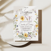 Paarse Gele Wildbloemen 1e Verjaardagsuitnodiging Kaart