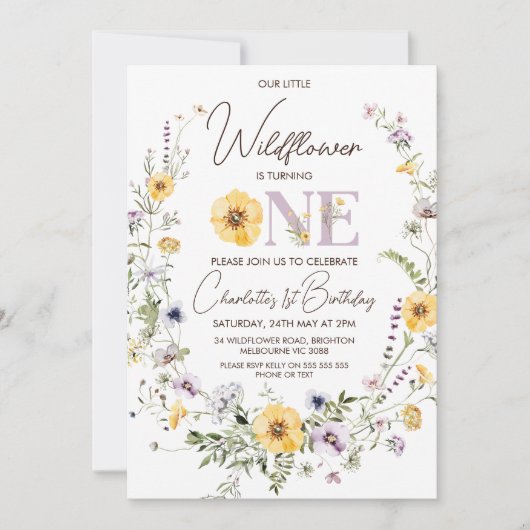 Paarse Gele Wildbloemen 1e Verjaardagsuitnodiging Kaart (Voorkant)