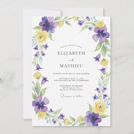 Paarse Gele Wilde Bloemen Bruiloft Kaart (Voorkant)