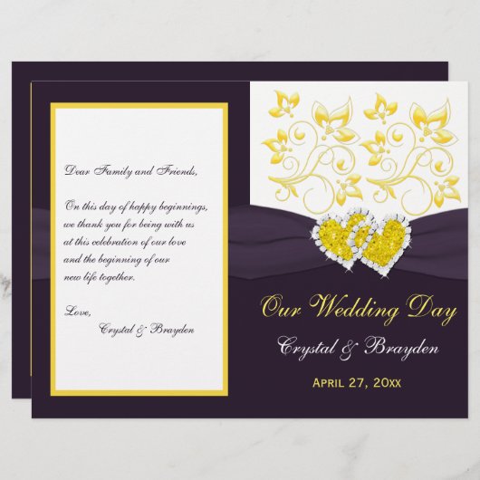 Paarse Gele Witte Floral, Hart Weddenschap Program (Voorkant / Achterkant)