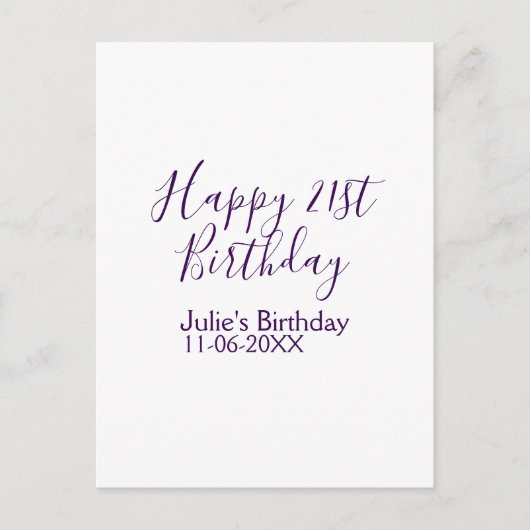 Paarse gelukkige 21e verjaardag naam datum sleutel briefkaart (Voorkant)