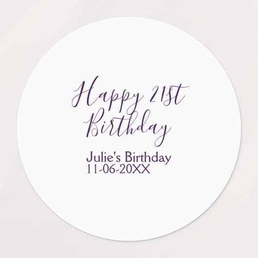 Paarse gelukkige 21e verjaardag naam datum sleutel labels (Design 2)