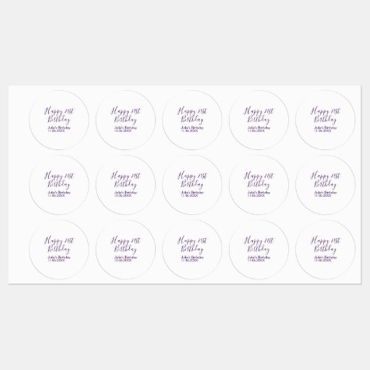 Paarse gelukkige 21e verjaardag naam datum sleutel labels (Vel)