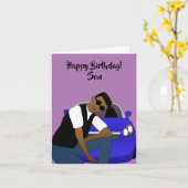 Paarse gelukkige verjaardag zoon Afro-Amerikaan Kaart (Gele Bloem)