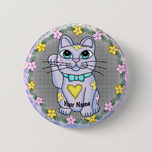 Paarse Gelukskat speld Ronde Button 5,7 Cm