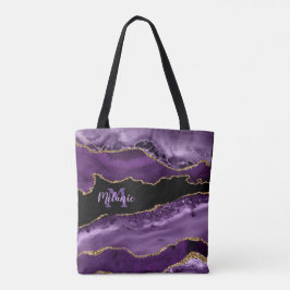 Paarse gemarmerde agaat en gouden glitter   tote bag