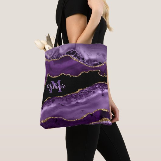 Paarse gemarmerde Agate en Gold Glitter Tote Bag (Dichtbij)