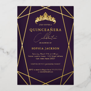 Paarse Geometrische Gouden Elegante Quinceanera Folie Uitnodiging