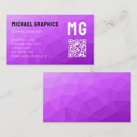 Paarse geometrische mesh patroon QR code Monogram Visitekaartje (Voorkant / Achterkant)