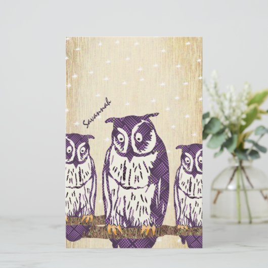 Paarse Geometrische Owl familie Briefpapier (Staand voorkant)