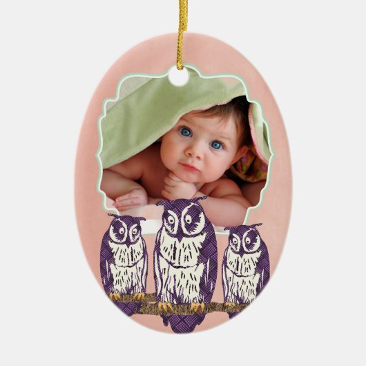 Paarse Geometrische Owl familie Keramisch Ornament (Voorkant)