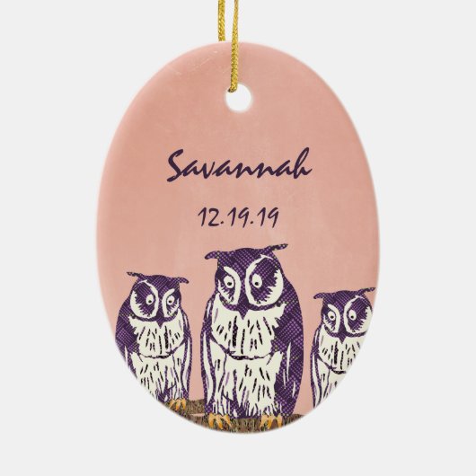Paarse Geometrische Owl familie Keramisch Ornament (Achterkant)