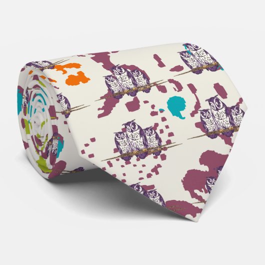 Paarse Geometrische Owl familie Stropdas (Opgerold)
