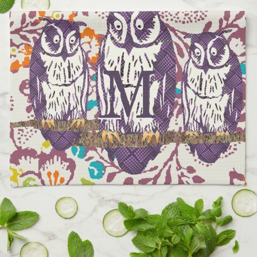 Paarse Geometrische Owl familie Theedoek (Gevouwen)