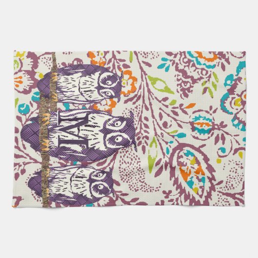 Paarse Geometrische Owl familie Theedoek (Horizontaal)