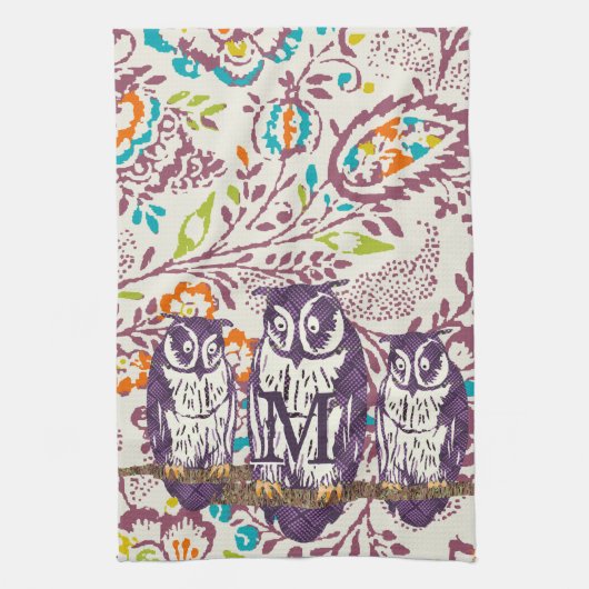 Paarse Geometrische Owl familie Theedoek (Verticaal)