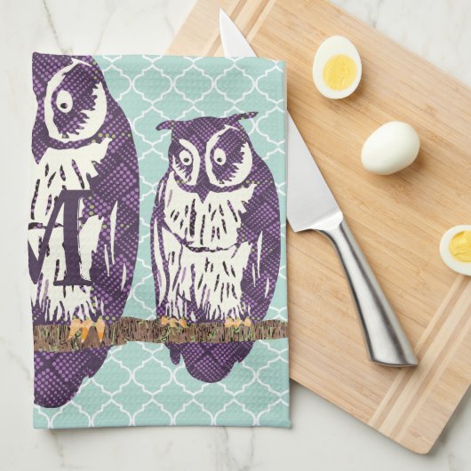 Paarse Geometrische Owl familie Theedoek (Quarter Fold)