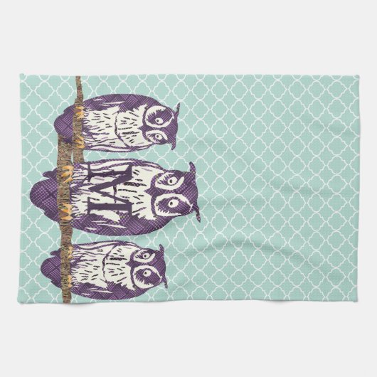 Paarse Geometrische Owl familie Theedoek (Horizontaal)