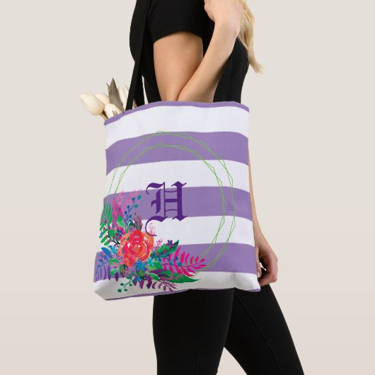 paarse gepersonaliseerde florale strips tote bag (Dichtbij)