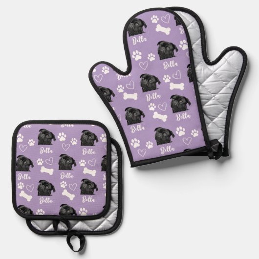 Paarse Gepersonaliseerde Pet Photo Hondenliefhebbe Ovenwant & Pannenlap Set (Voorkant / Achterkant)