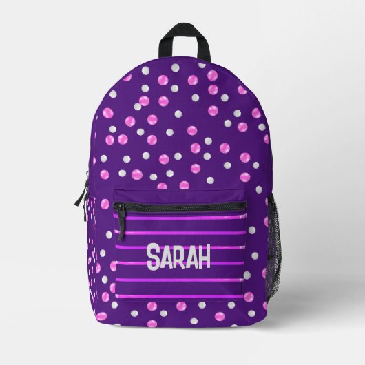 Paarse gepersonaliseerde roze en grijze Polka Dot Bedrukte Rugzak (Voorkant)