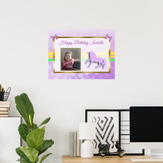 Paarse gepersonaliseerde Unicorn Rainbow Banner Poster (Thuiskantoor)