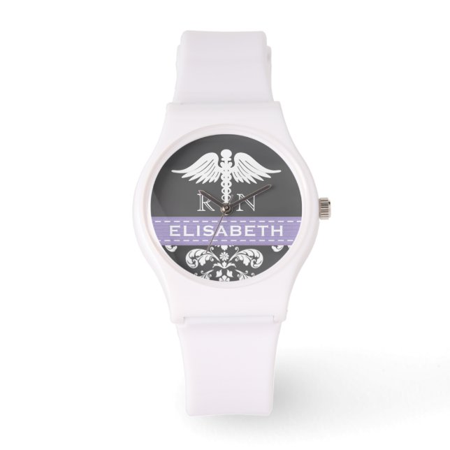 PAARSE GEPERSONALISEERDE VERPLEEGSTER RN CADUCEUS  HORLOGE (Voorkant)