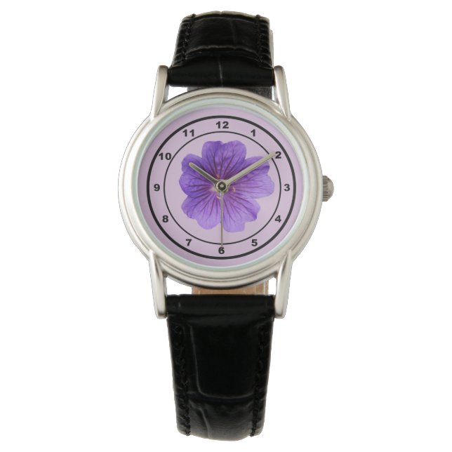 Paarse Geranium Bloem op Horloge (Voorkant)
