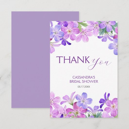 Paarse Geranium Bloemige Bruidsborrel Bedankkaart (Voorkant / Achterkant)