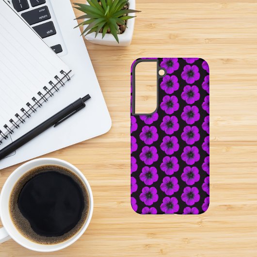 Paarse Geranium Floral Pattern op Black Samsung Galaxy Hoesje
