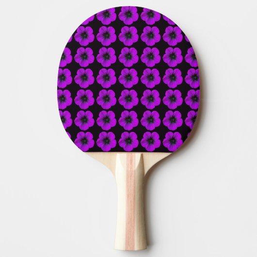 Paarse Geranium Floral Pattern op Black Tafeltennisbatje (Voorkant)