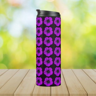 Paarse Geranium Floral Pattern op Black Thermosbeker
