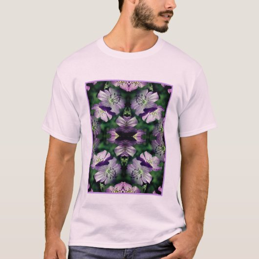 Paarse Geraniumbloemen Abstract vermenigvuldigd T-shirt (Voorkant)