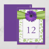 Paarse Gerber Daisy Green Damask Tafelnummer Kaart (Voorkant / Achterkant)