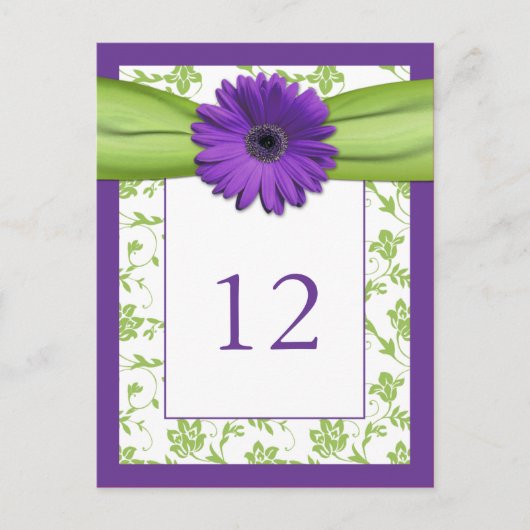 Paarse Gerber Daisy Green Damask Tafelnummer Kaart (Voorkant)