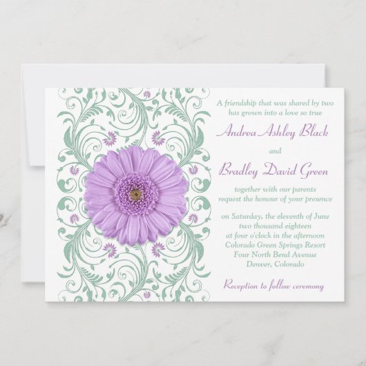 Paarse Gerber Daisy Mint Floral Wedding Uitnodigin Kaart (Voorkant)