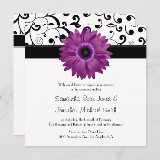 Paarse Gerbera Daisy Black Scroll Design Wedding Kaart (Voorkant / Achterkant)