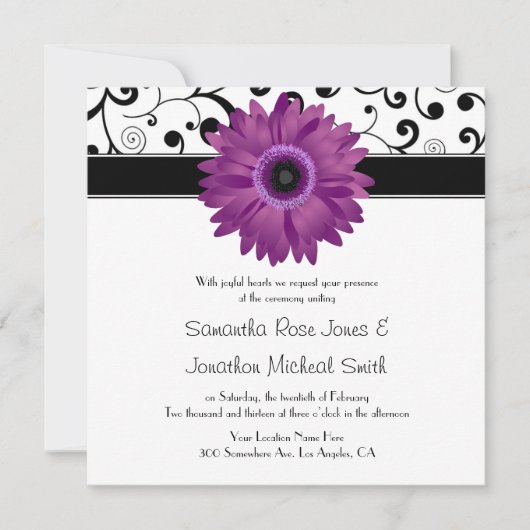 Paarse Gerbera Daisy Black Scroll Design Wedding Kaart (Voorkant)
