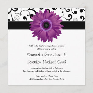 Paarse Gerbera Daisy Black Scroll Design Wedding Kaart